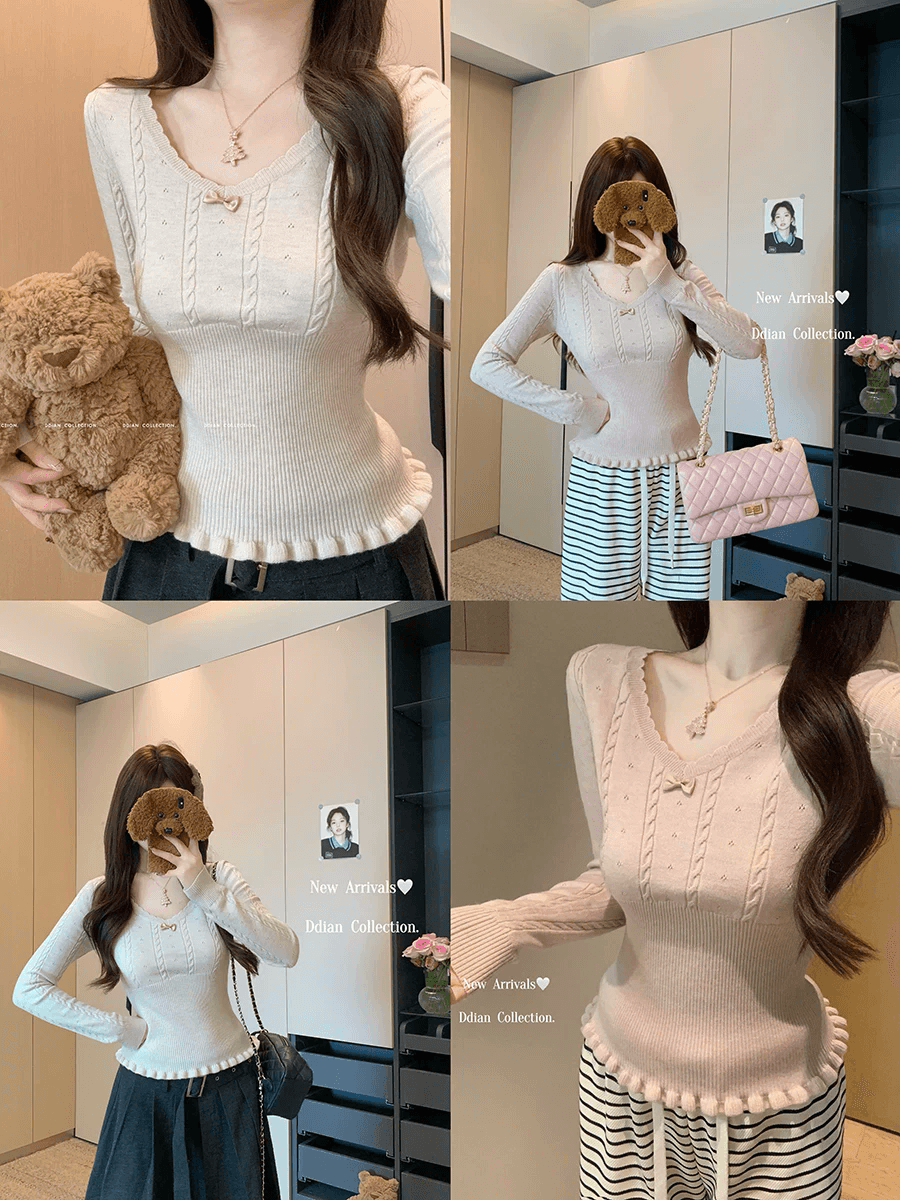 miu 부서 나비 매듭 V넥 레이스 니트 기본 셔츠 여성 이른 가을 2026 인사이드 가져 가라. 프릴 스웨터 가을 맨위 이미지 4