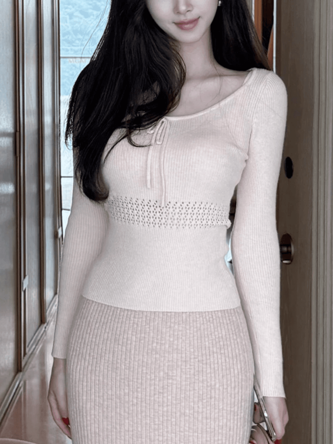 u 칼라 홀로우 아웃 니트 기본 셔츠 여성 가을 겨울 2026 새로운 핑크색 인사이드 가져 가라. 몸매 가꾸기 스웨터 긴팔 순수한 욕망 맨위 이미지 4