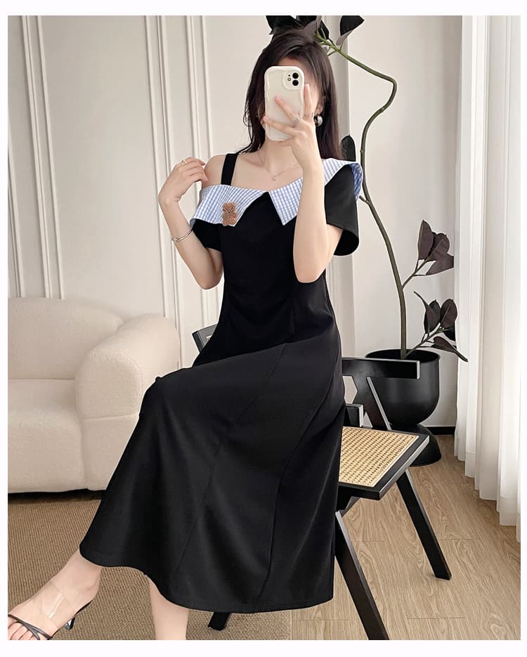 실사 빅 사이즈 학원 스타일 달콤함 폴로 칼라 여성 드레스 여름 지방 mm 슬림해 보이는 장난기 넘치는 귀여운 허리 수축 작은 검은 드레스 상세 이미지 16