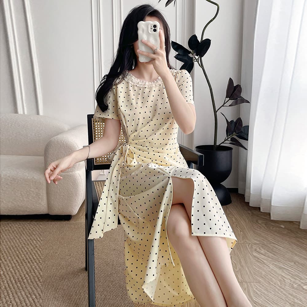 실사 마이크로 지방 빅 사이즈 여성 의류 프랑스식 도트 무늬 반팔 여성 드레스 2026 여름 자이언트 슬림해 보이는 꼬집기 허리 중간 길이 스커트 이미지 3