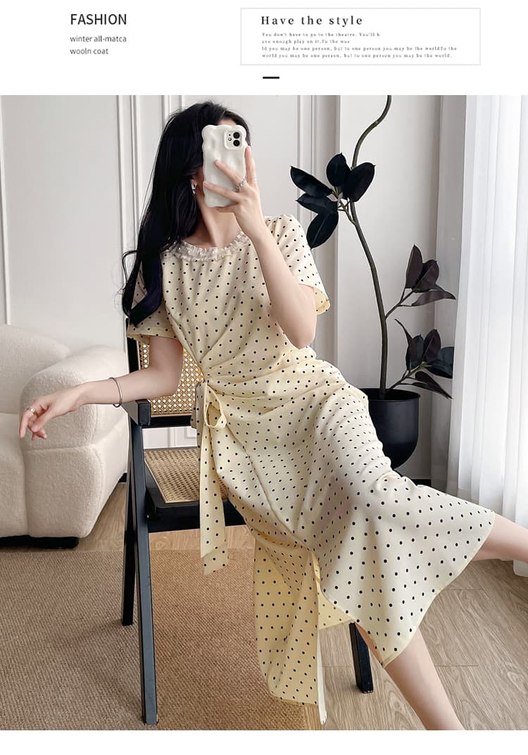 실사 마이크로 지방 빅 사이즈 여성 의류 프랑스식 도트 무늬 반팔 여성 드레스 2026 여름 자이언트 슬림해 보이는 꼬집기 허리 중간 길이 스커트 상세 이미지 11