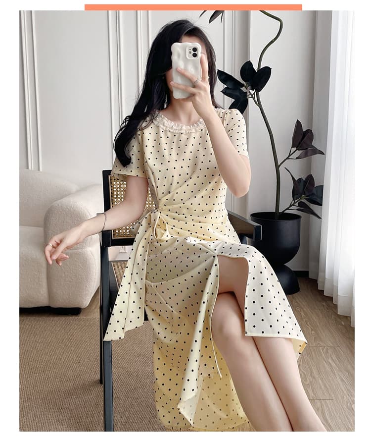 실사 마이크로 지방 빅 사이즈 여성 의류 프랑스식 도트 무늬 반팔 여성 드레스 2026 여름 자이언트 슬림해 보이는 꼬집기 허리 중간 길이 스커트 상세 이미지 15