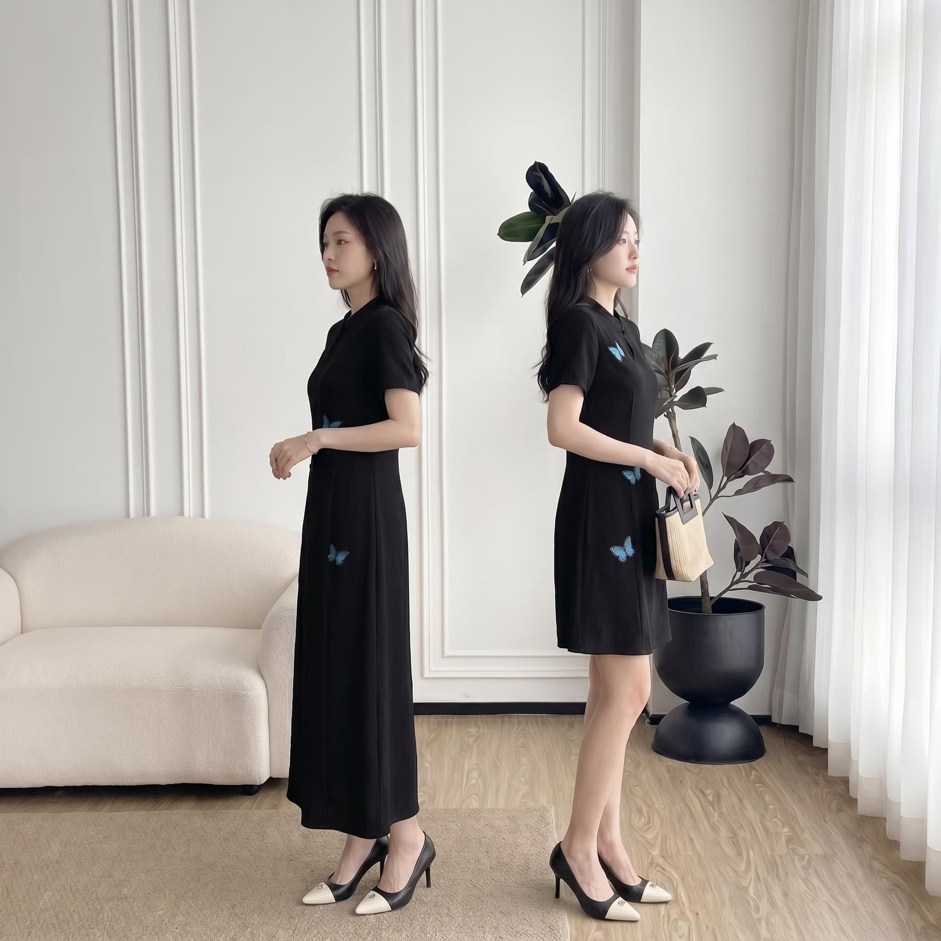 실사 빅 사이즈 여성 의류 2026 새로운 파란색 나비 패치워크 새로운 중식 드레스 지방 mm 품격 치파오 드레스 이미지 2