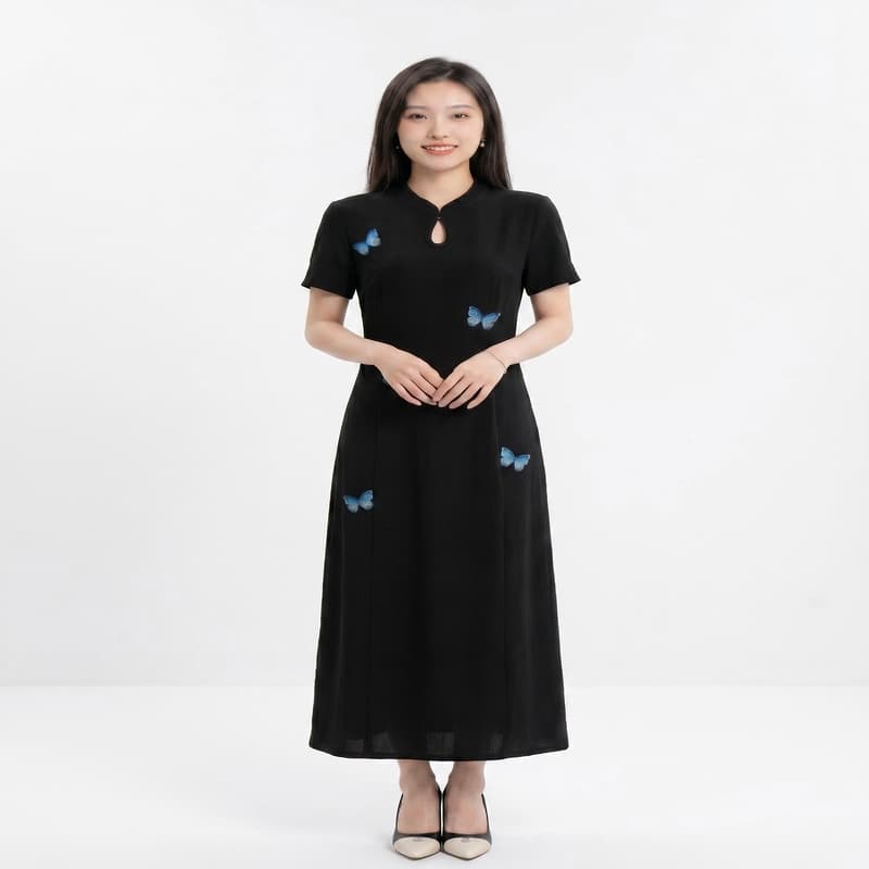 실사 빅 사이즈 여성 의류 2026 새로운 파란색 나비 패치워크 새로운 중식 드레스 지방 mm 품격 치파오 드레스 이미지 5