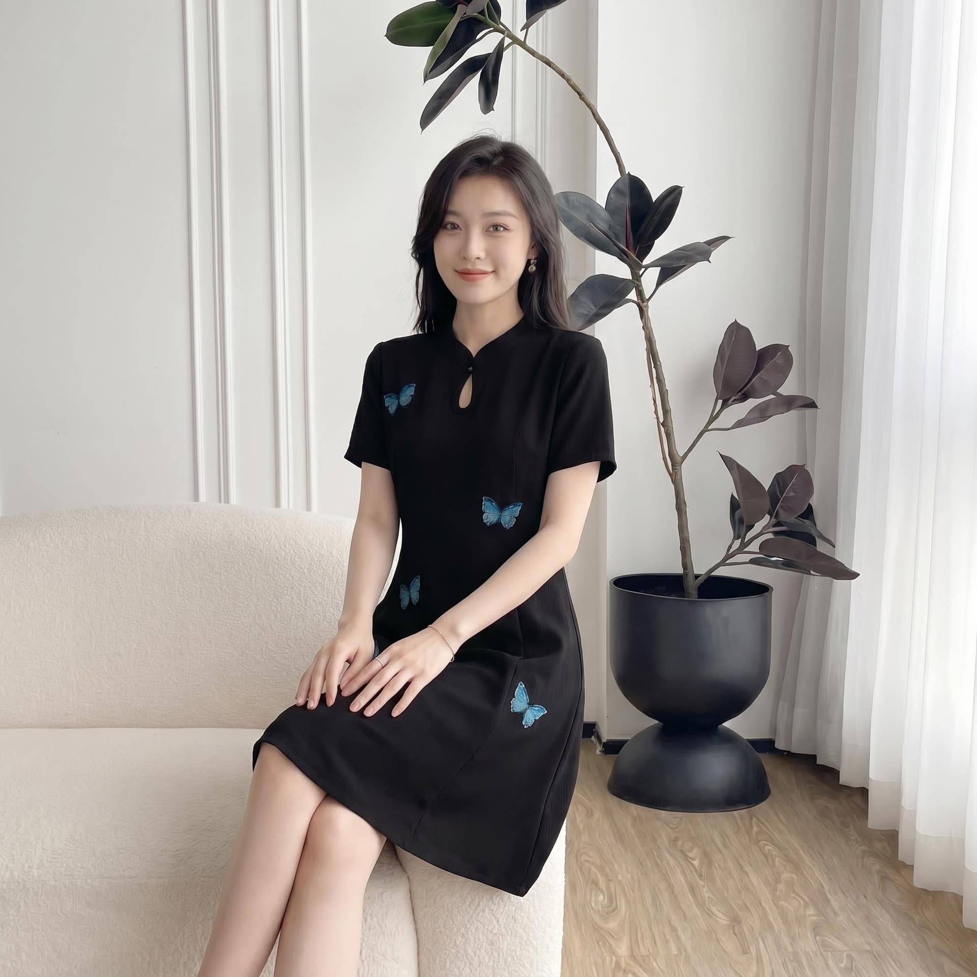실사 빅 사이즈 여성 의류 2026 새로운 파란색 나비 패치워크 새로운 중식 드레스 지방 mm 품격 치파오 드레스 이미지 3