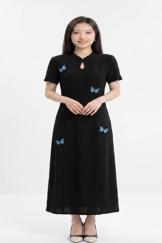 실사 빅 사이즈 여성 의류 2026 새로운 파란색 나비 패치워크 새로운 중식 드레스 지방 mm 품격 치파오 드레스 이미지 6