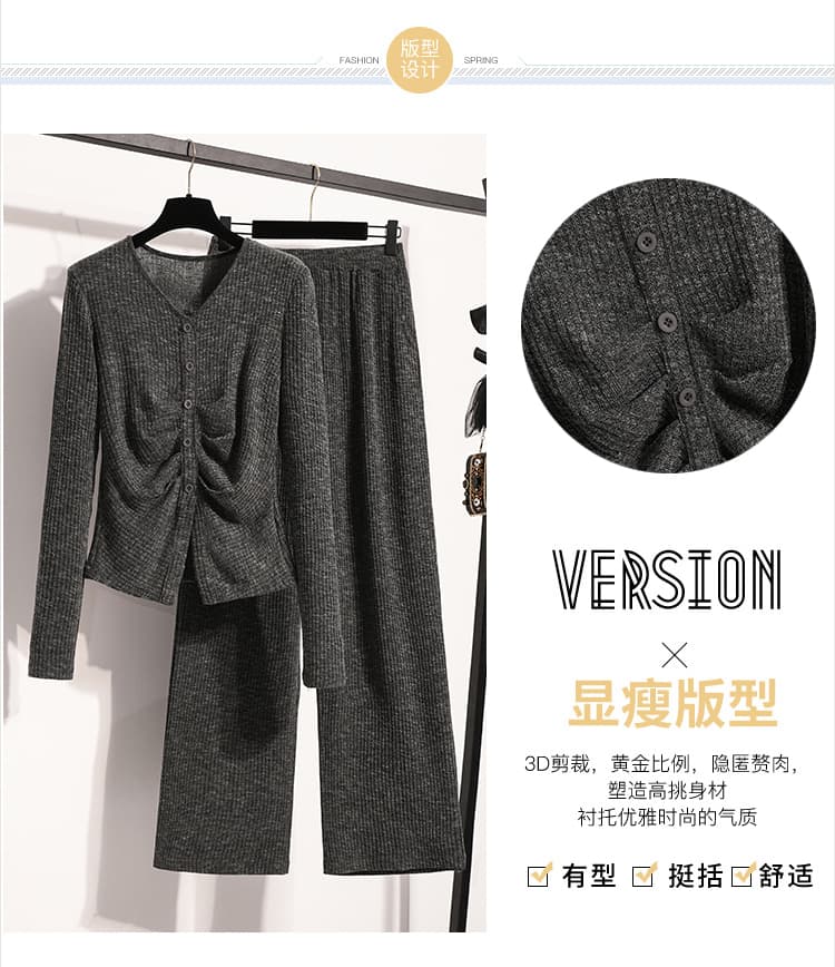 실사 빅 사이즈 여성 의류 2026 가을 겨울 새로운 니트 세트 마이크로 뚱뚱한 소녀 슬림해 보이는 다용도 맨위 경기 하이웨이스트 긴 바지 상세 이미지 4