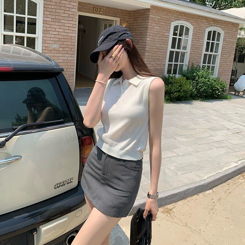 민소매 니트 조끼 여자 봄 여름 새로운 패션 POLO 칼라 다용도 어깨 조끼 외출용 Chic 풀오버 맨위