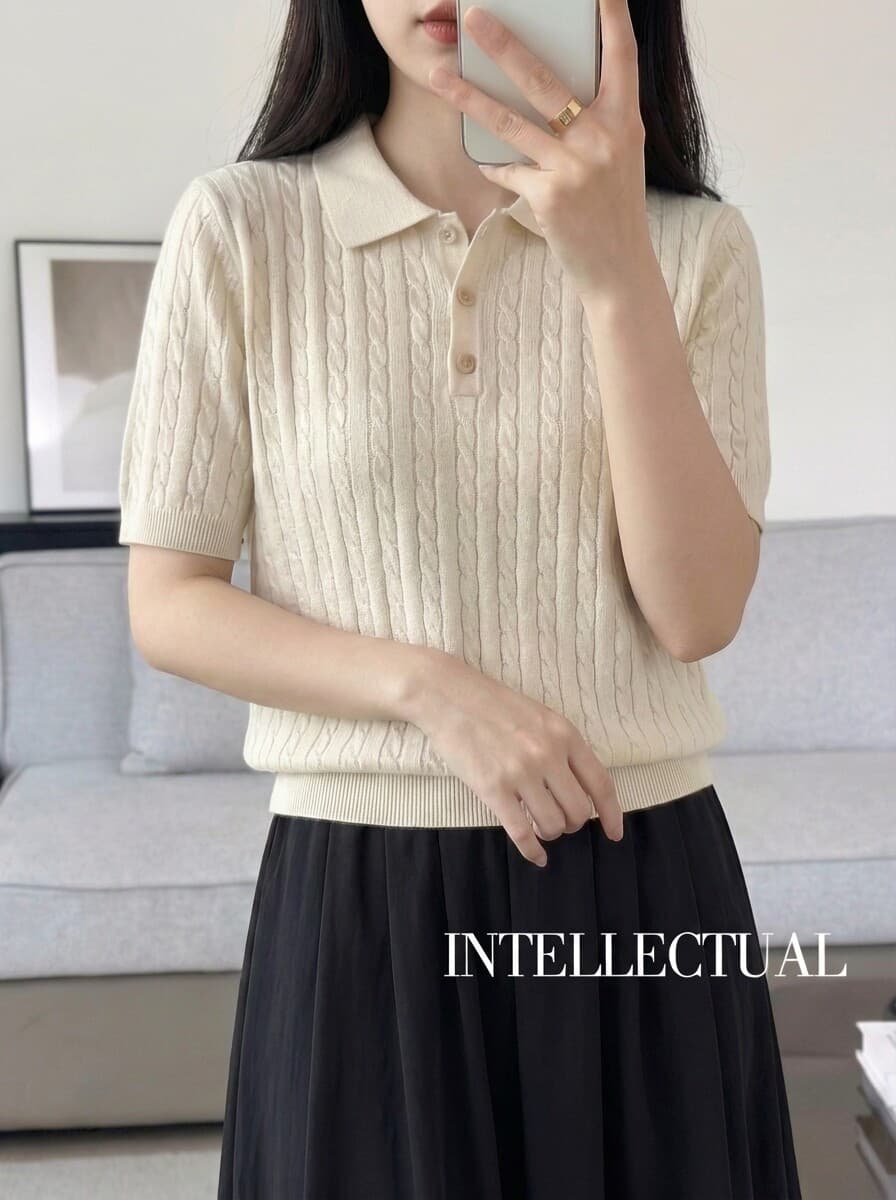 복잡한 고대 돈 바람 POLO 칼라 순면 꽈배기 반팔 니트 티셔츠 여성 봄 여름 외출용 얇은 스타일 만나는 맨위 상세 이미지 10