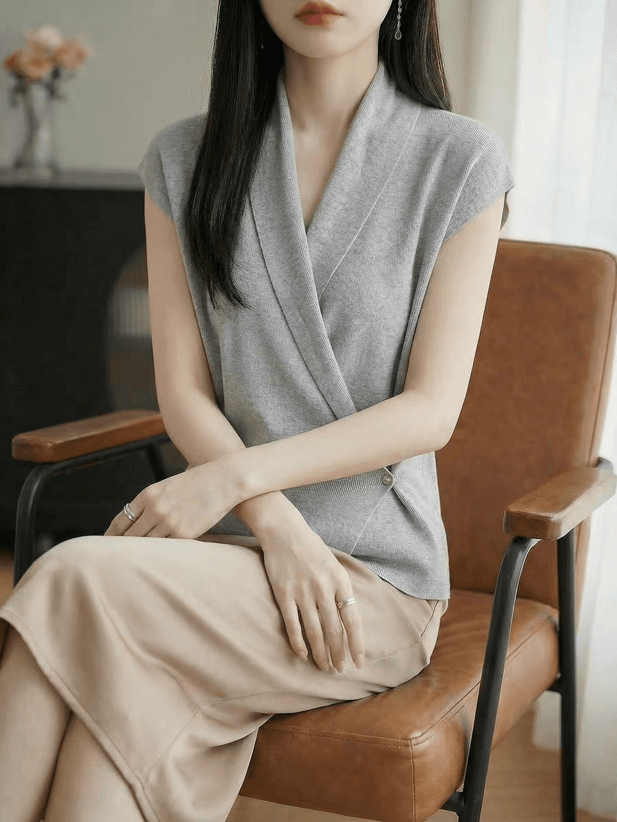 2026 품격 우아함 십자가 V넥 티셔츠 맨위 여성 여름 새로운 허리 수축 작은 날다 소매 디자인 센스 니트 작은 셔츠 상세 이미지 1
