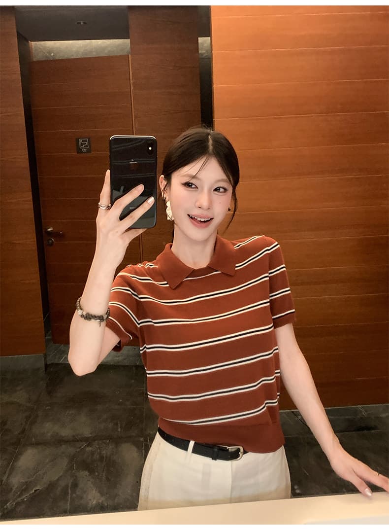 한 부서 품격 POLO 셔츠 니트 스트라이프 반팔 티셔츠 여성 2026 여름 새로운 폴로 칼라 쇼트 스타일 다용도 맨위 상세 이미지 20