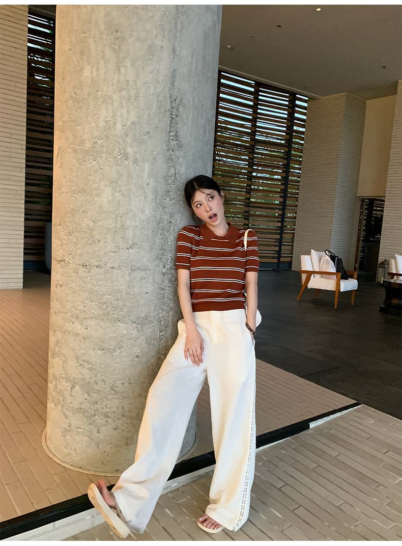 한 부서 품격 POLO 셔츠 니트 스트라이프 반팔 티셔츠 여성 2026 여름 새로운 폴로 칼라 쇼트 스타일 다용도 맨위 상세 이미지 26