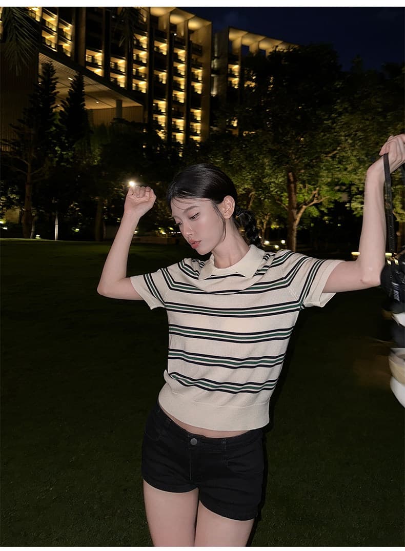 한 부서 품격 POLO 셔츠 니트 스트라이프 반팔 티셔츠 여성 2026 여름 새로운 폴로 칼라 쇼트 스타일 다용도 맨위 상세 이미지 49