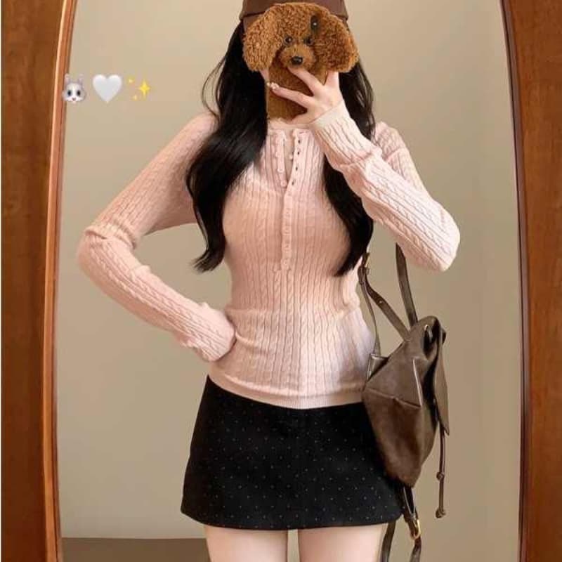 한 부서 핑크색 반 개방 V넥 꽈배기 긴팔 니트 기본 셔츠 여성 겨울 인사이드 가져 가라. 몸매 가꾸기 부드러운 찹쌀 스웨터 맨위 이미지 5