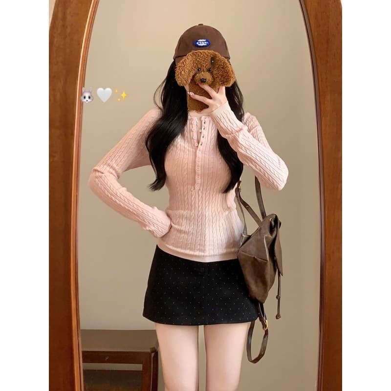한 부서 핑크색 반 개방 V넥 꽈배기 긴팔 니트 기본 셔츠 여성 겨울 인사이드 가져 가라. 몸매 가꾸기 부드러운 찹쌀 스웨터 맨위 상세 이미지 4