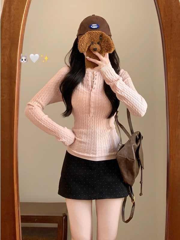 한 부서 핑크색 반 개방 V넥 꽈배기 긴팔 니트 기본 셔츠 여성 겨울 인사이드 가져 가라. 몸매 가꾸기 부드러운 찹쌀 스웨터 맨위 상세 이미지 9