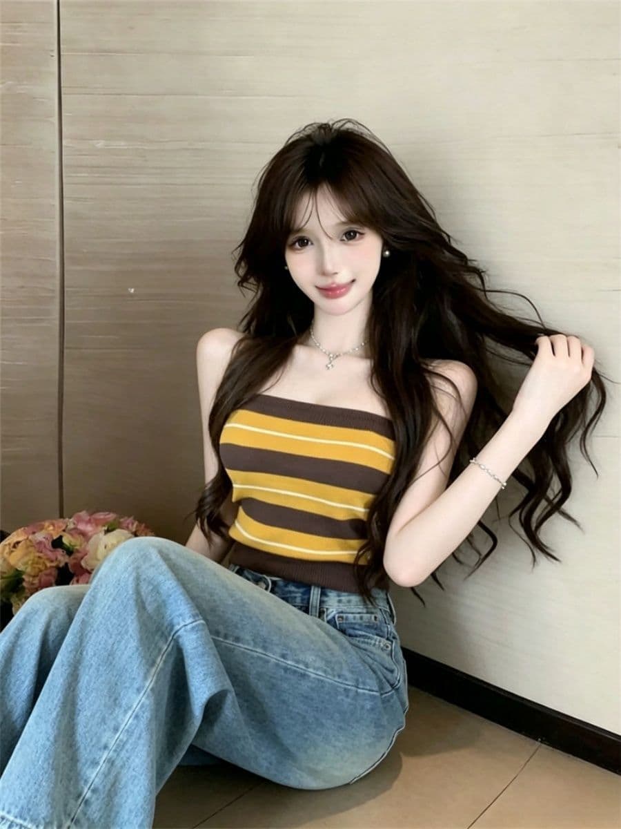 배색 스트라이프 니트 튜브탑 조끼 여성 여름 외출용 핫걸 바람 타이트 인사이드 가져 가라. 슬림해 보이는 쇼트 스타일 만나는 맨위 이미지 4