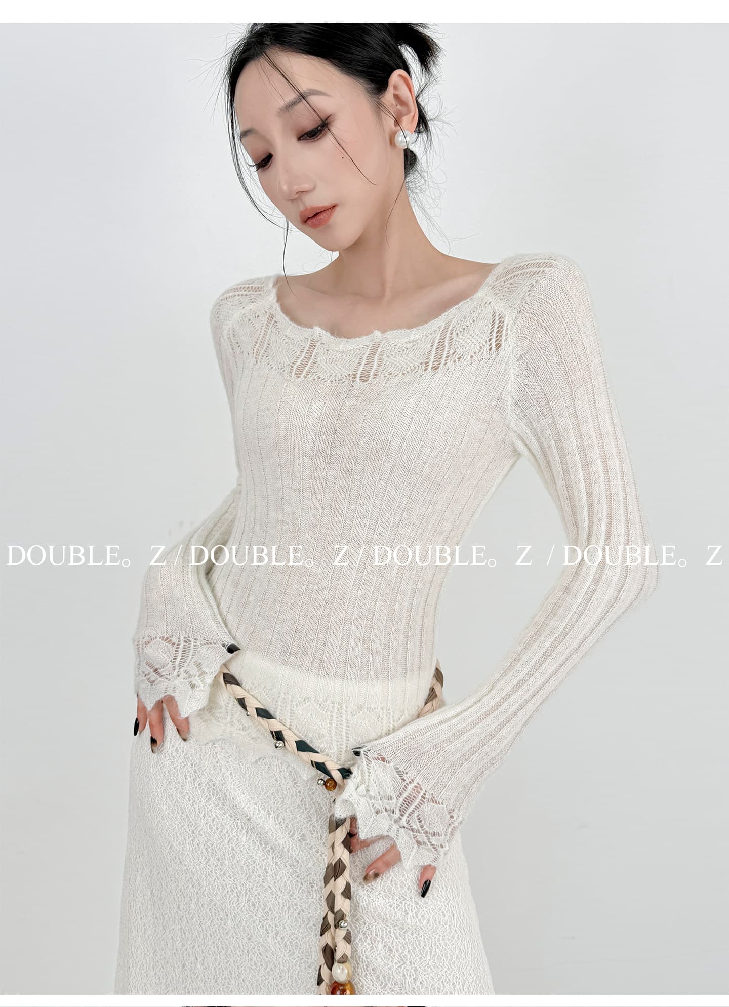 2026 프랑스식 자수 홀로우 아웃 부드러운 바람 니트 스웨터 여성 봄 가을 나팔 소매 몸매 가꾸기 슬림해 보이는 단색 만나는 맨위 상세 이미지 1