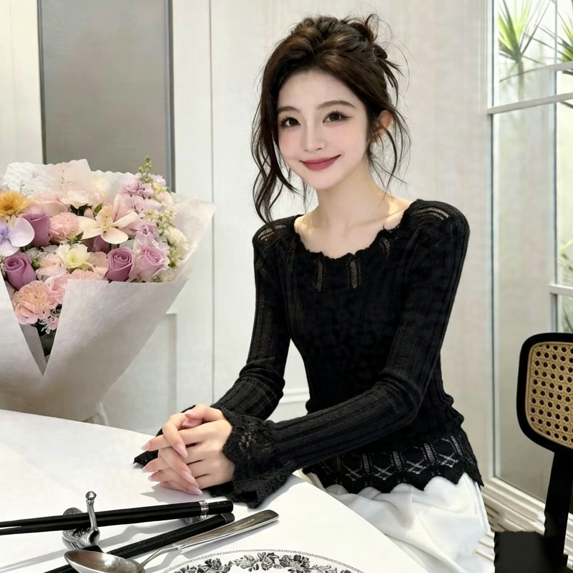 2026 프랑스식 자수 홀로우 아웃 부드러운 바람 니트 스웨터 여성 봄 가을 나팔 소매 몸매 가꾸기 슬림해 보이는 단색 만나는 맨위 상세 이미지 11
