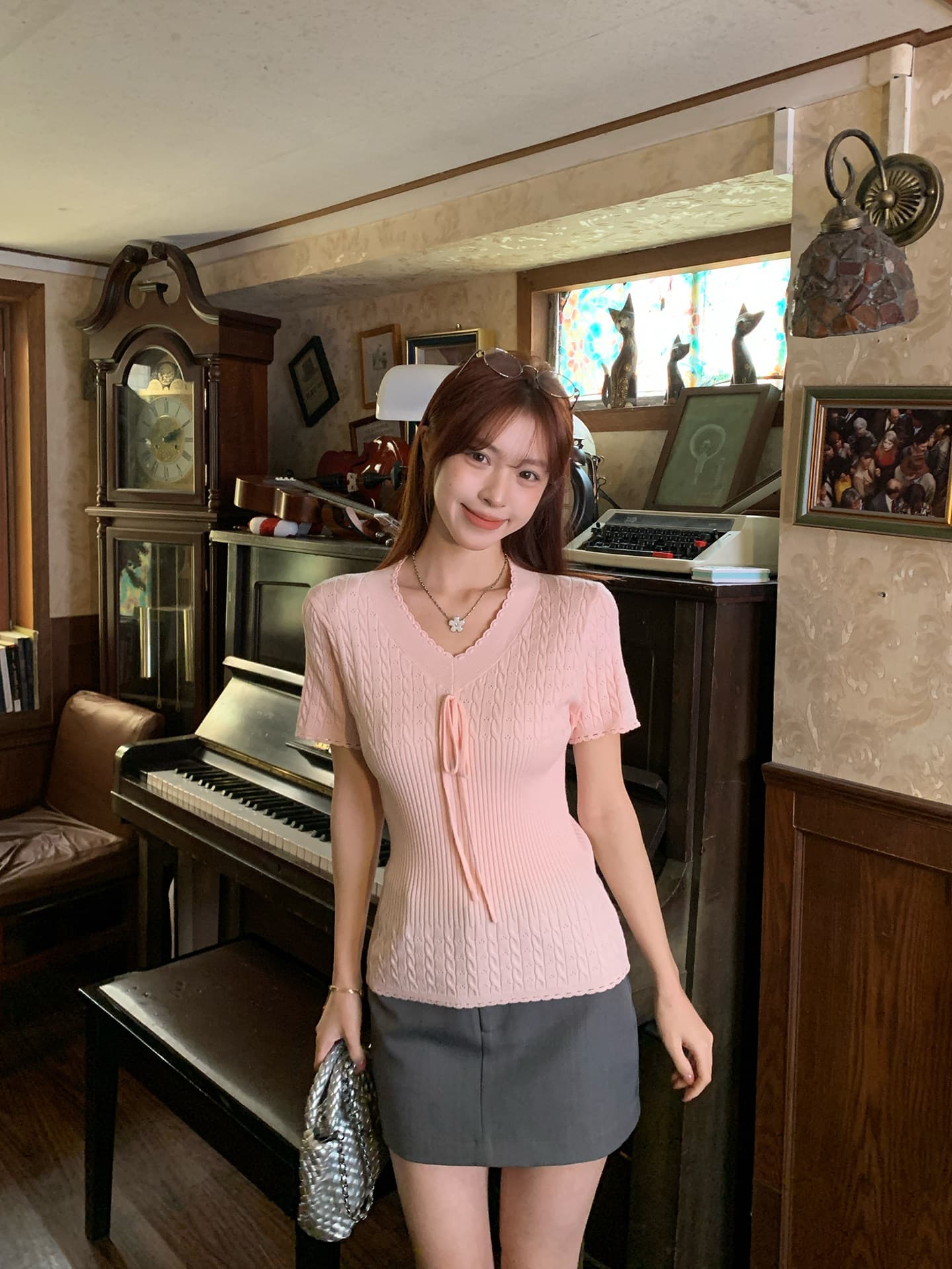 morning bloom 스트랩 레이스 니트 반팔 티셔츠 여성 여름 새로운 한 부서 착용 가져 가라. 허리 수축 핑크색 맨위 이미지 4