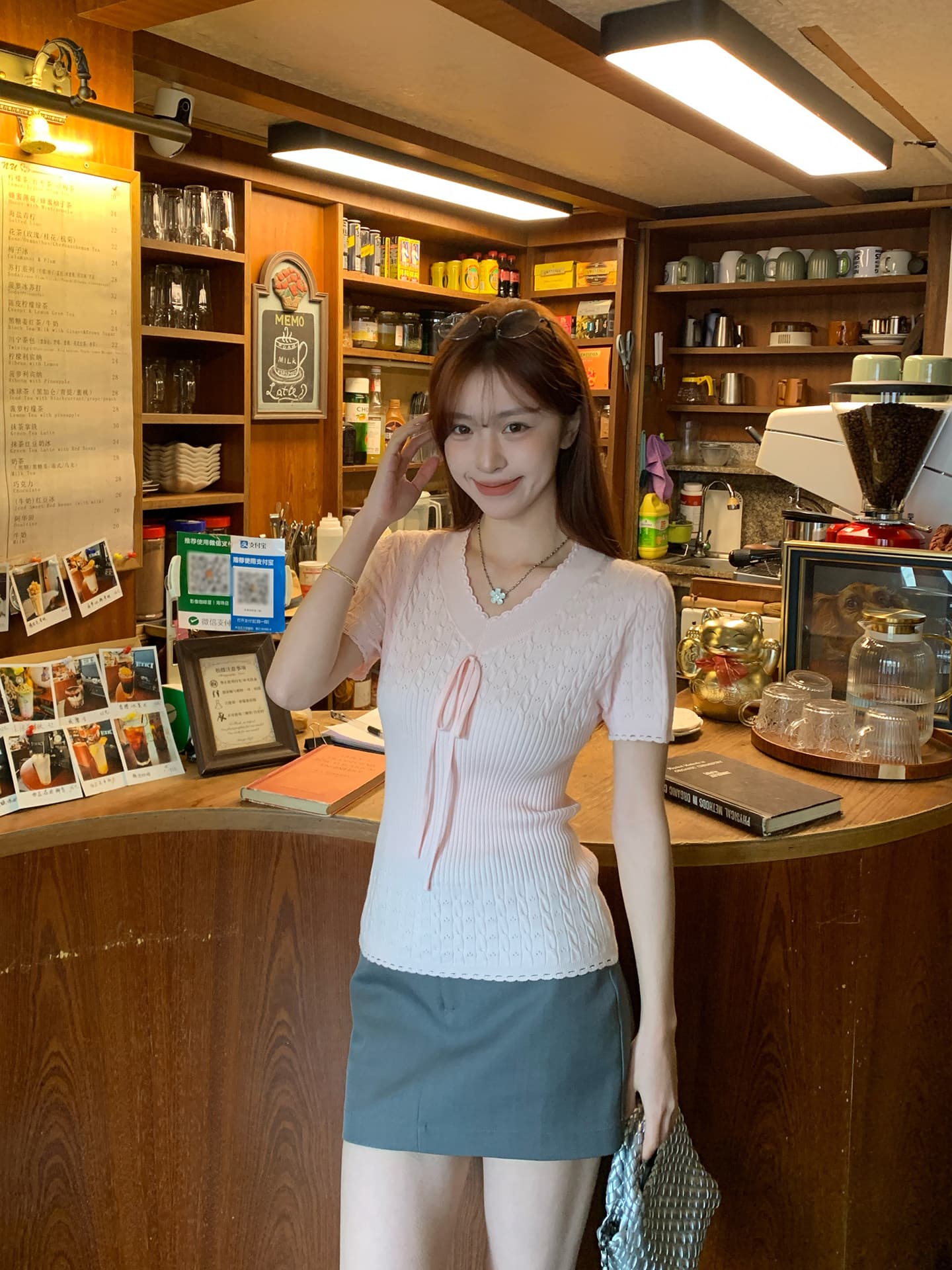 morning bloom 스트랩 레이스 니트 반팔 티셔츠 여성 여름 새로운 한 부서 착용 가져 가라. 허리 수축 핑크색 맨위 이미지 3