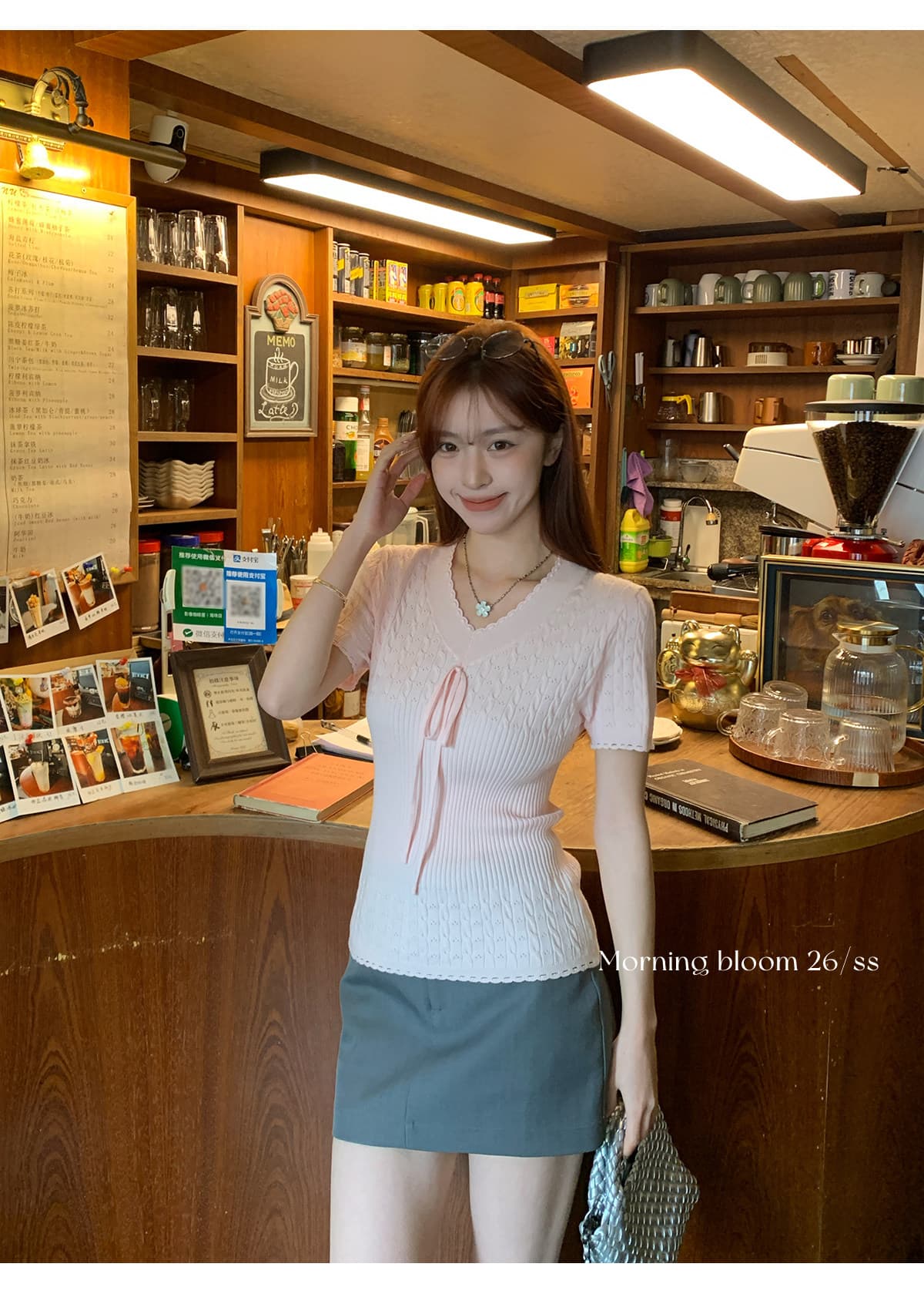morning bloom 스트랩 레이스 니트 반팔 티셔츠 여성 여름 새로운 한 부서 착용 가져 가라. 허리 수축 핑크색 맨위 상세 이미지 5