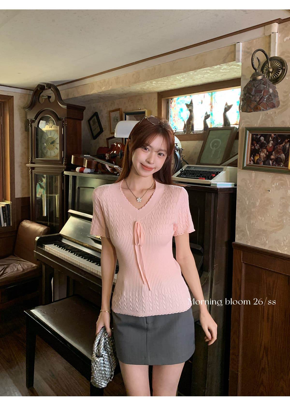 morning bloom 스트랩 레이스 니트 반팔 티셔츠 여성 여름 새로운 한 부서 착용 가져 가라. 허리 수축 핑크색 맨위 상세 이미지 6