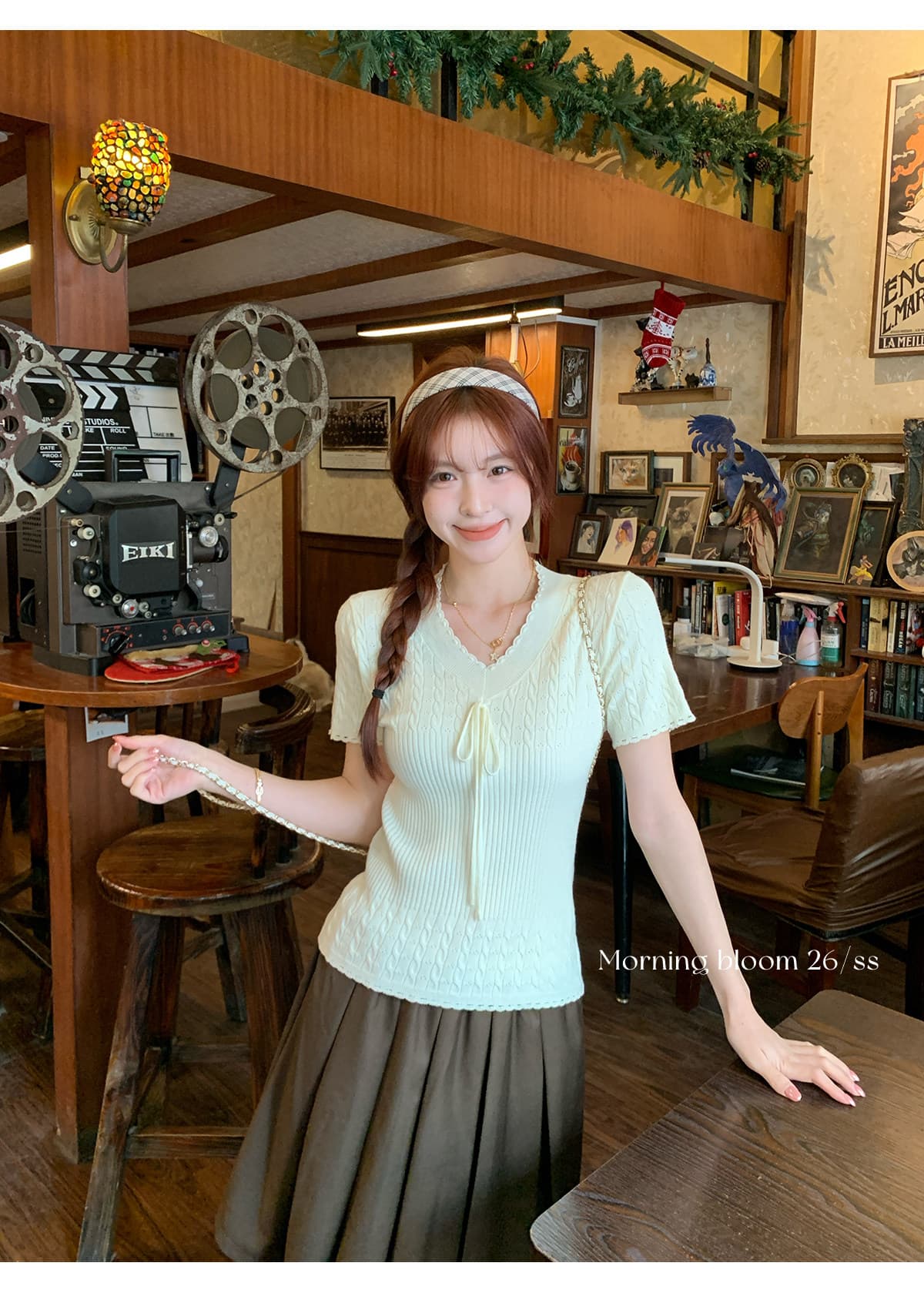 morning bloom 스트랩 레이스 니트 반팔 티셔츠 여성 여름 새로운 한 부서 착용 가져 가라. 허리 수축 핑크색 맨위 상세 이미지 16