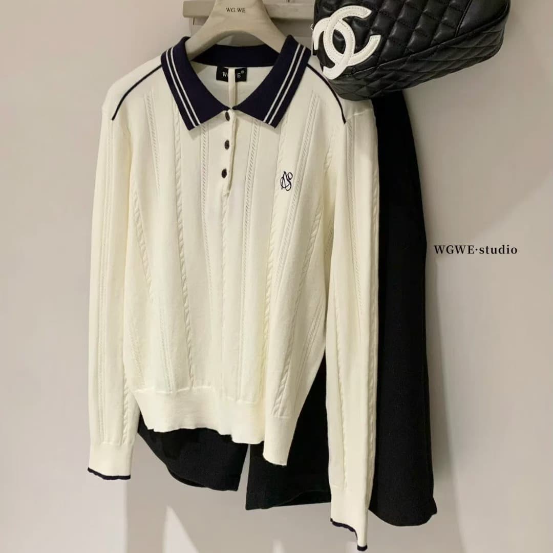 배색 POLO 칼라 트위스트 꽃 긴팔 니트 스웨터 여성 이른 가을 한 부서 루즈핏 슬림해 보이는 캐주얼 다용도 맨위 이미지 2
