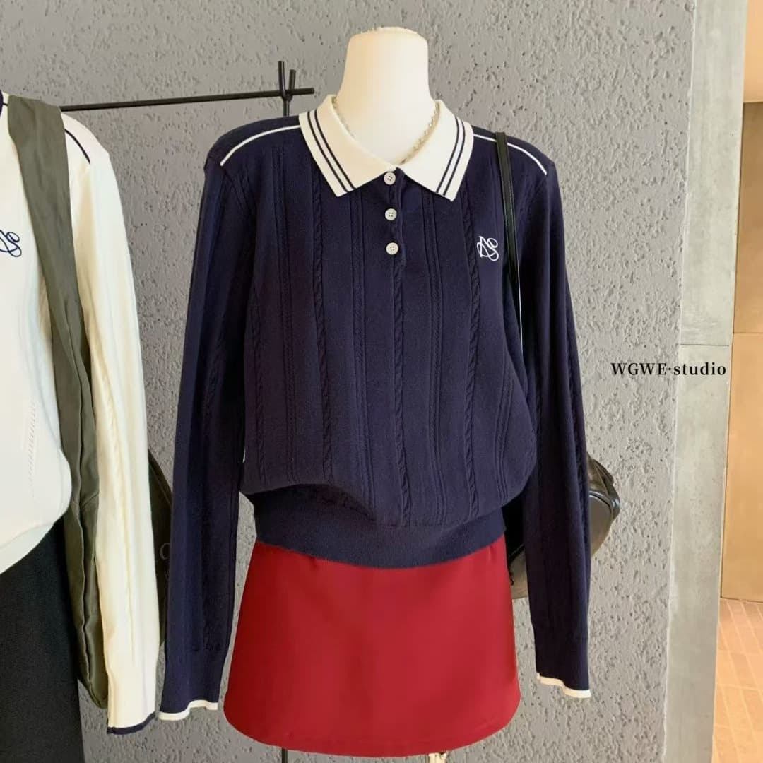 배색 POLO 칼라 트위스트 꽃 긴팔 니트 스웨터 여성 이른 가을 한 부서 루즈핏 슬림해 보이는 캐주얼 다용도 맨위 이미지 5