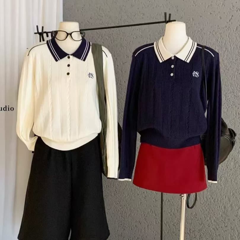 배색 POLO 칼라 트위스트 꽃 긴팔 니트 스웨터 여성 이른 가을 한 부서 루즈핏 슬림해 보이는 캐주얼 다용도 맨위 이미지 3