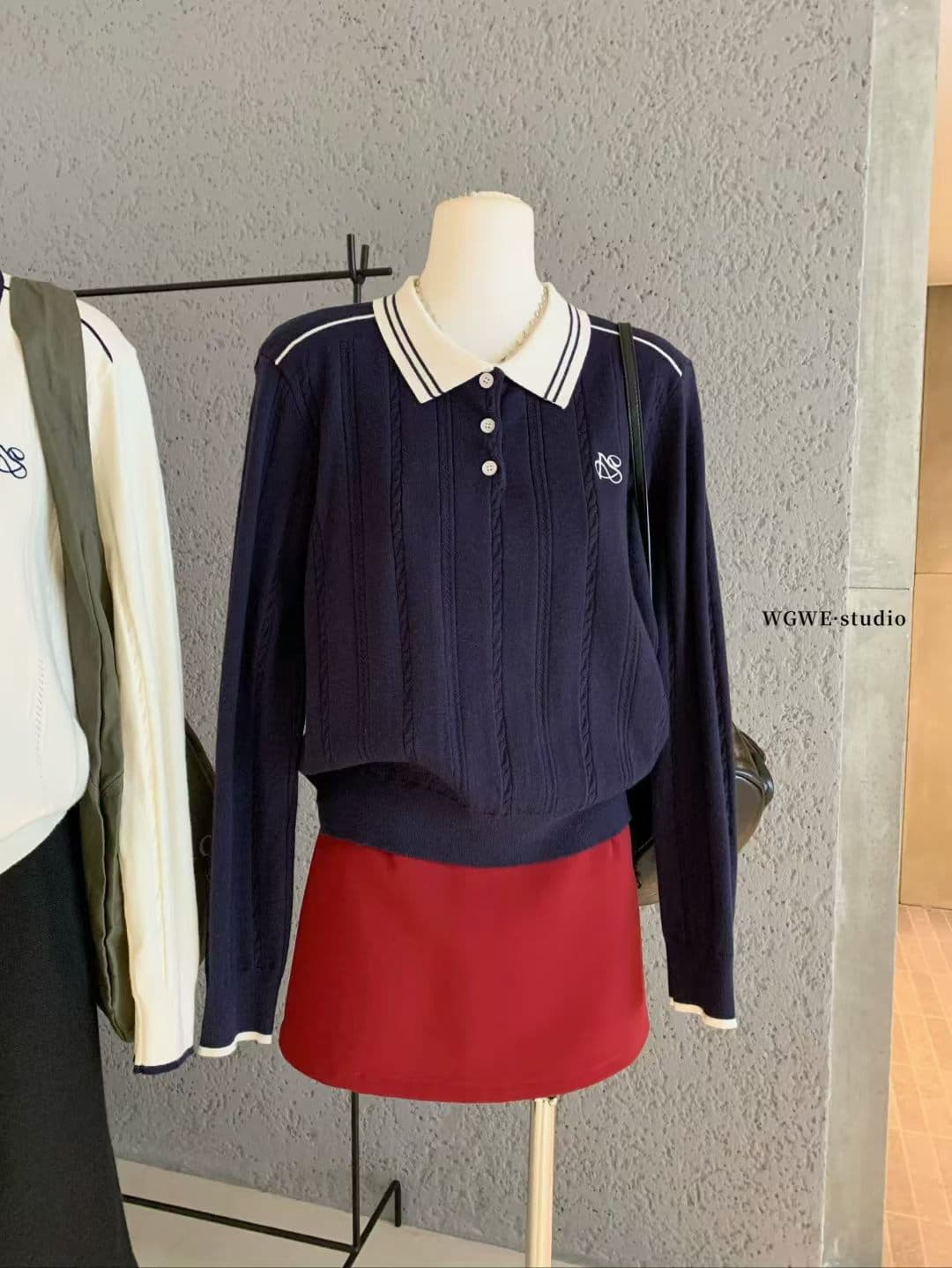 배색 POLO 칼라 트위스트 꽃 긴팔 니트 스웨터 여성 이른 가을 한 부서 루즈핏 슬림해 보이는 캐주얼 다용도 맨위 상세 이미지 6