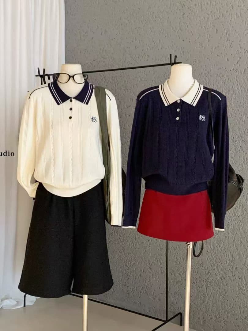 배색 POLO 칼라 트위스트 꽃 긴팔 니트 스웨터 여성 이른 가을 한 부서 루즈핏 슬림해 보이는 캐주얼 다용도 맨위 상세 이미지 7