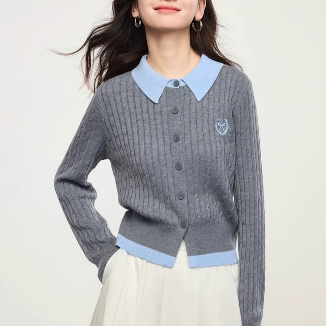 한 부서 학원 스타일 페이크 레이어드 배색 POLO 칼라 긴팔 니트 오픈 가디건 맨위 여성 의류 2026 조기 가을 새로운 이미지 4