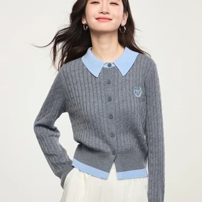 한 부서 학원 스타일 페이크 레이어드 배색 POLO 칼라 긴팔 니트 오픈 가디건 맨위 여성 의류 2026 조기 가을 새로운 상세 이미지 6