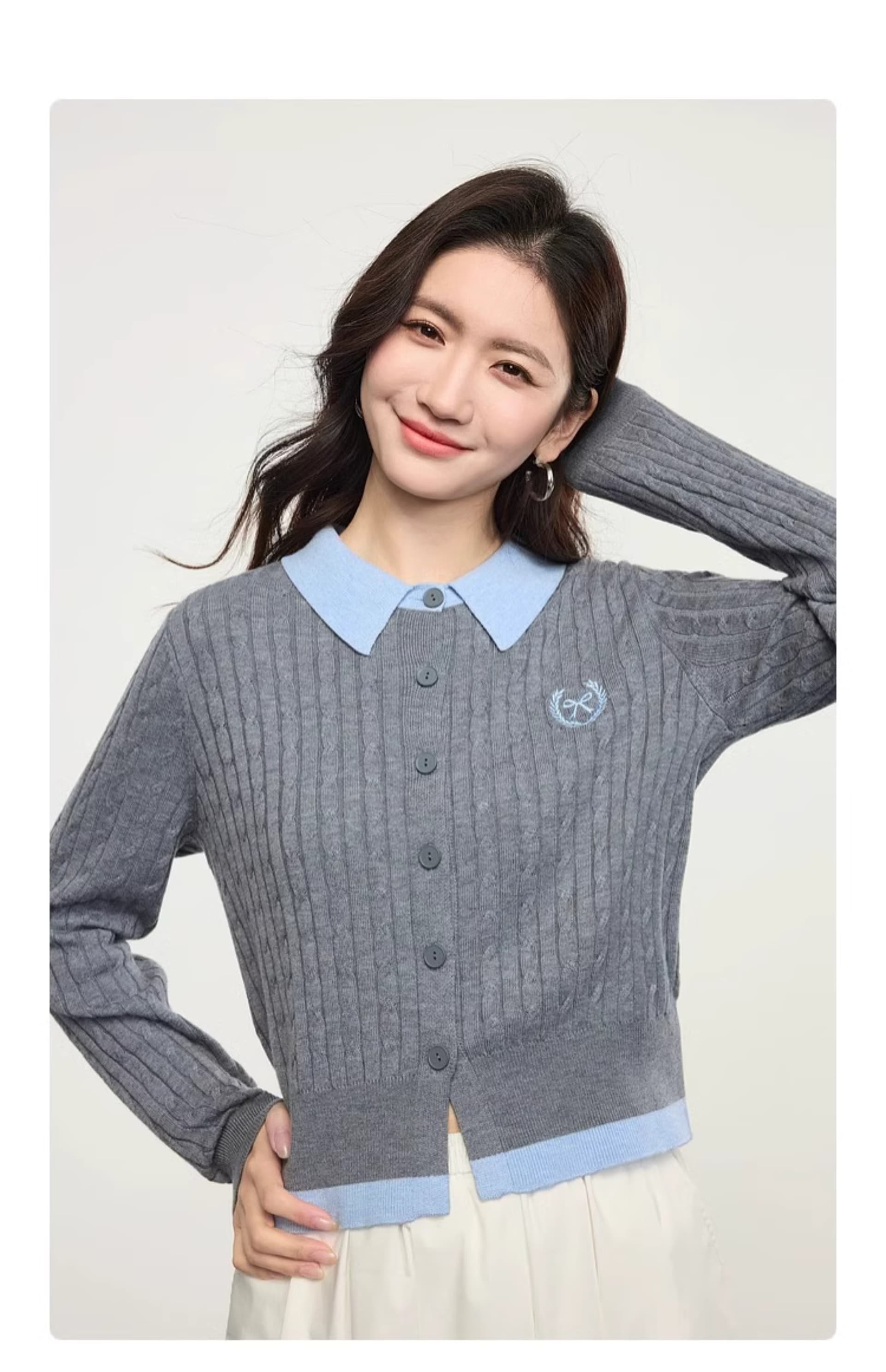 한 부서 학원 스타일 페이크 레이어드 배색 POLO 칼라 긴팔 니트 오픈 가디건 맨위 여성 의류 2026 조기 가을 새로운 상세 이미지 7