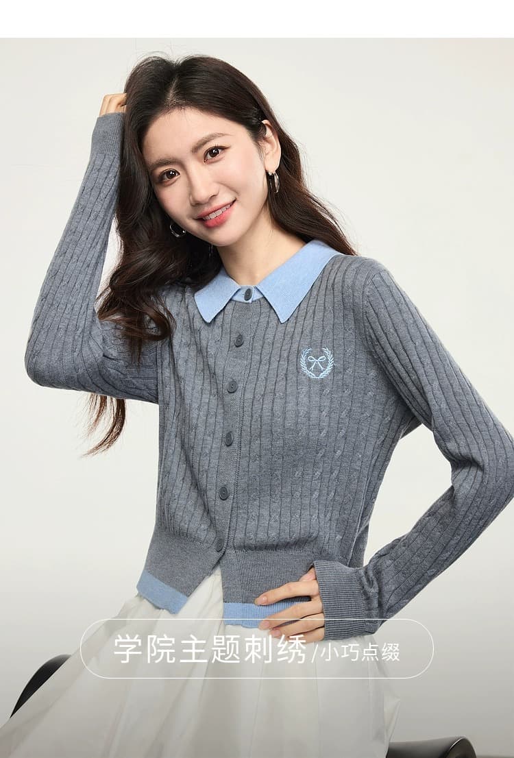 한 부서 학원 스타일 페이크 레이어드 배색 POLO 칼라 긴팔 니트 오픈 가디건 맨위 여성 의류 2026 조기 가을 새로운 상세 이미지 15