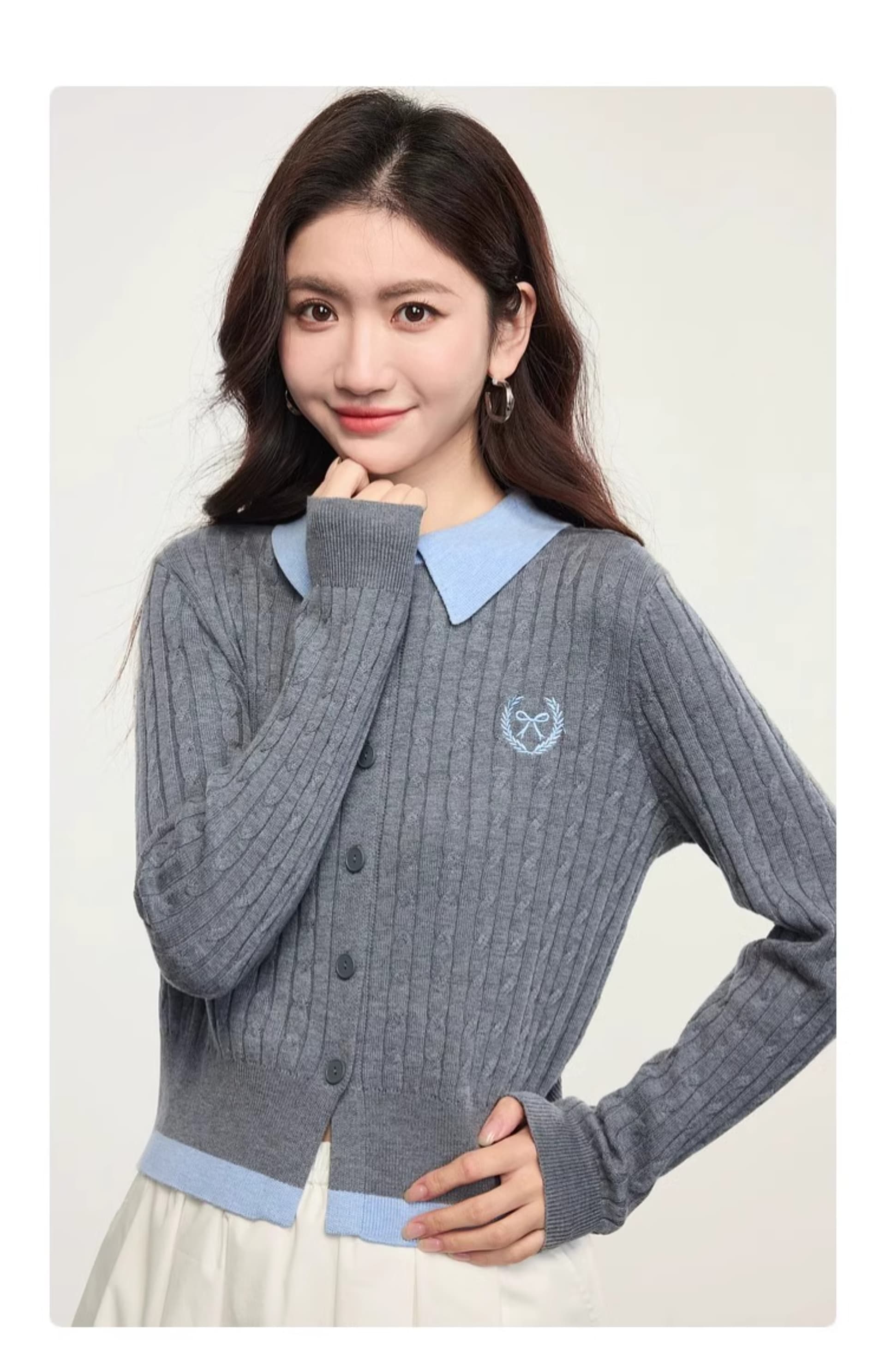 한 부서 학원 스타일 페이크 레이어드 배색 POLO 칼라 긴팔 니트 오픈 가디건 맨위 여성 의류 2026 조기 가을 새로운 상세 이미지 19