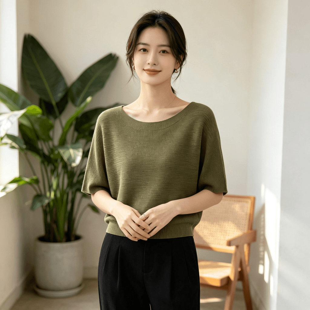 여름 보트넥 반팔 니트 스웨터 여성 수평 구덩이 기사 얼음 실크 얇은 스타일 루즈핏 슬림해 보이는 다용도 출퇴근 품격 맨위 상세 이미지 8