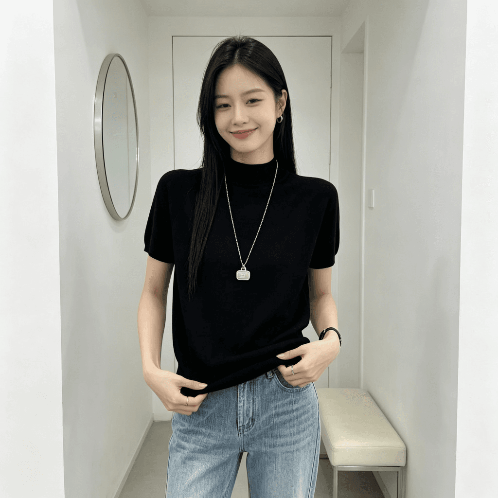 26 이른 가을 반하이넥 반팔 니트 스웨터 여성 삽입 어깨 소매 단색 부드러운 찹쌀 기본 셔츠 출퇴근 다용도 풀오버 맨위 이미지 4