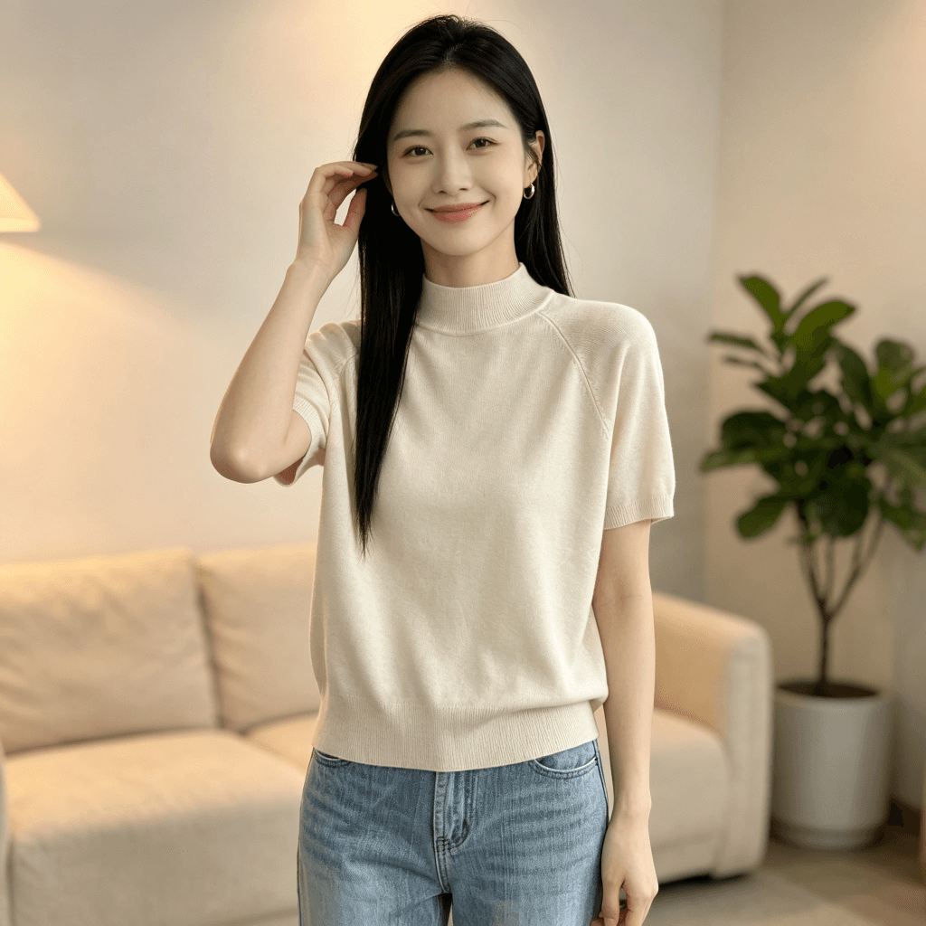 26 이른 가을 반하이넥 반팔 니트 스웨터 여성 삽입 어깨 소매 단색 부드러운 찹쌀 기본 셔츠 출퇴근 다용도 풀오버 맨위 상세 이미지 3