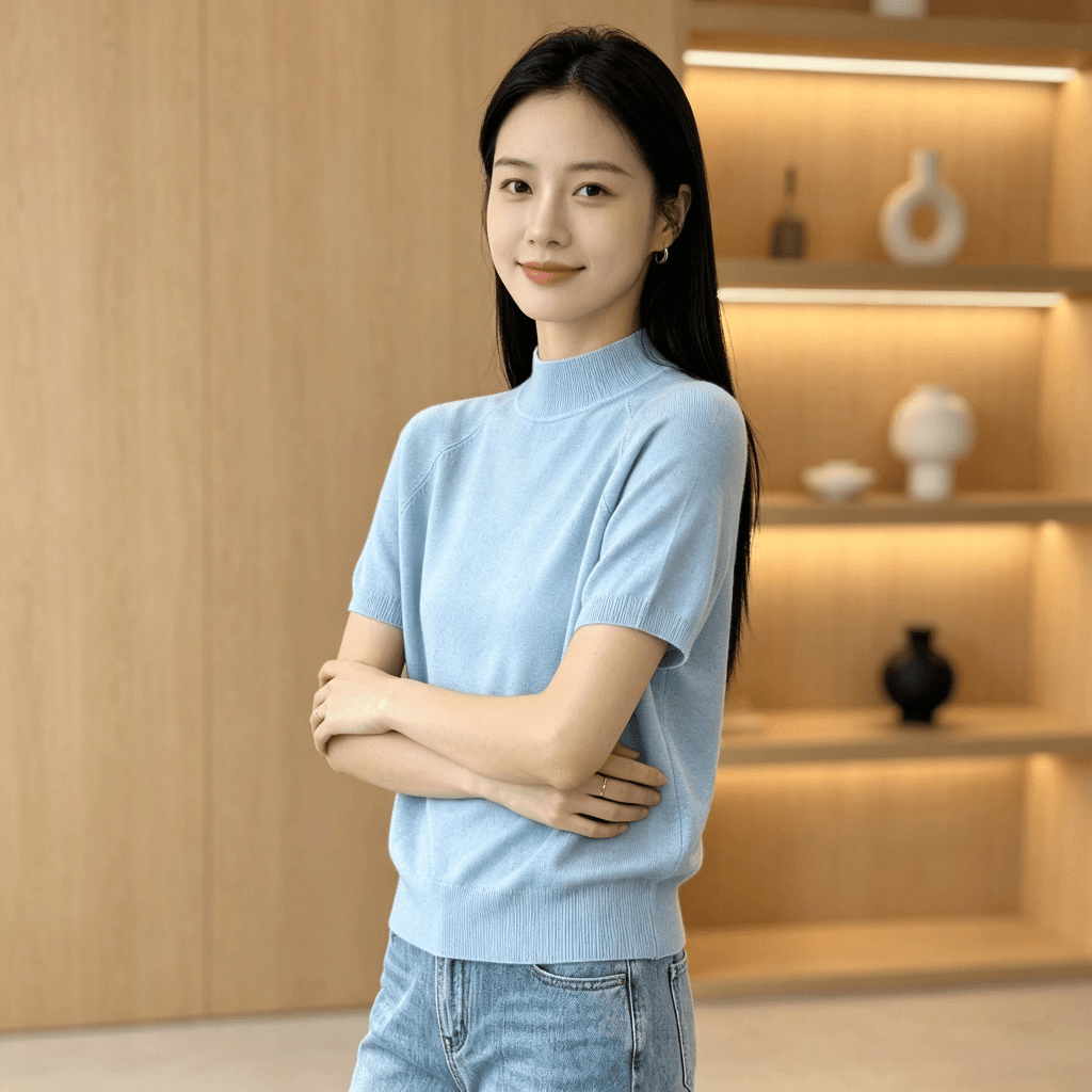 26 이른 가을 반하이넥 반팔 니트 스웨터 여성 삽입 어깨 소매 단색 부드러운 찹쌀 기본 셔츠 출퇴근 다용도 풀오버 맨위 상세 이미지 4