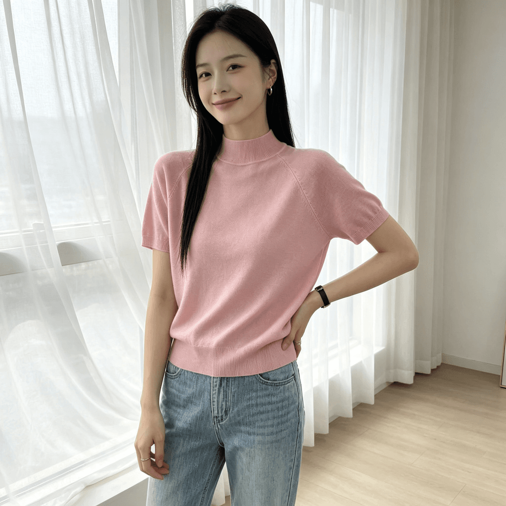 26 이른 가을 반하이넥 반팔 니트 스웨터 여성 삽입 어깨 소매 단색 부드러운 찹쌀 기본 셔츠 출퇴근 다용도 풀오버 맨위 상세 이미지 6