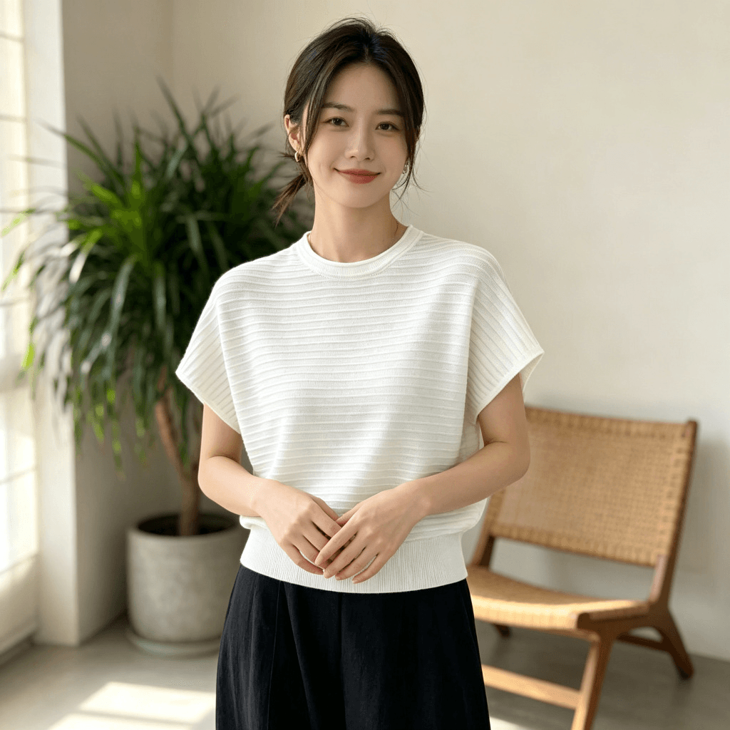2026 여름 새로운 라운드 넥 볼륨 측면 니트 스웨터 여성 수평 구덩이 기사 배트윙 소매 루즈핏 슬림해 보이는 다용도 반팔 맨위 상세 이미지 9