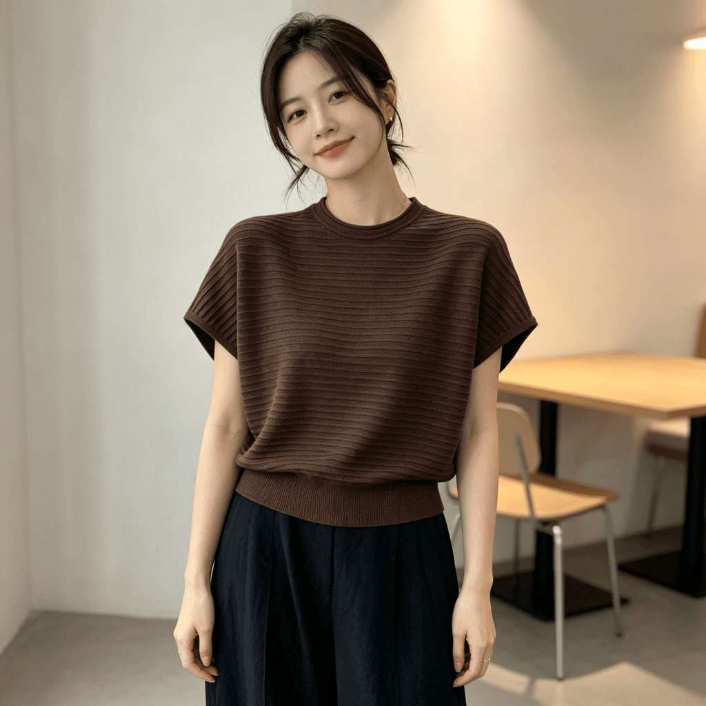 2026 여름 새로운 라운드 넥 볼륨 측면 니트 스웨터 여성 수평 구덩이 기사 배트윙 소매 루즈핏 슬림해 보이는 다용도 반팔 맨위 상세 이미지 12
