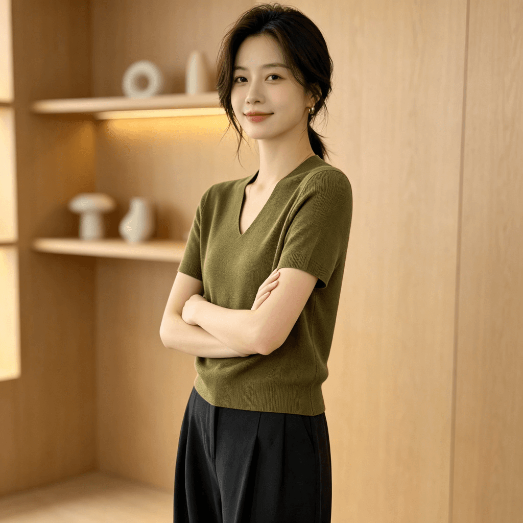 2026 여름 새로운 V넥 니트 스웨터 여성용 짧은 소매 얼음 실크 얇은 스타일 몸매 가꾸기 슬림해 보이는 다용도 품격 출퇴근 맨위 상세 이미지 4