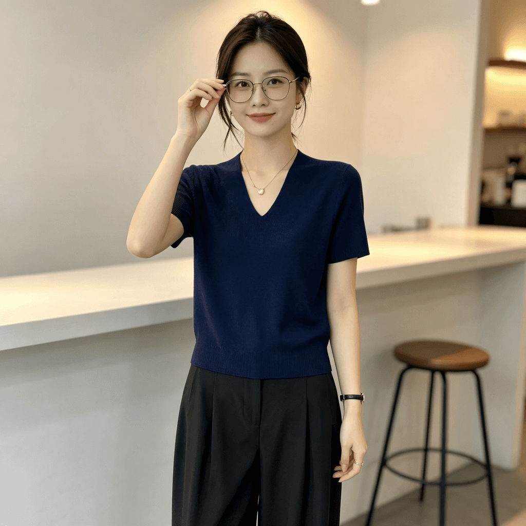 2026 여름 새로운 V넥 니트 스웨터 여성용 짧은 소매 얼음 실크 얇은 스타일 몸매 가꾸기 슬림해 보이는 다용도 품격 출퇴근 맨위 상세 이미지 14