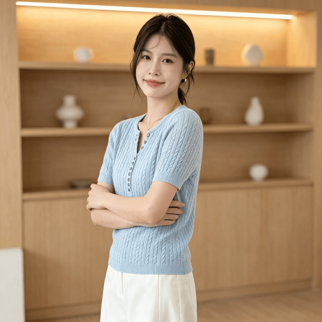 2026 여름 새로운 헨리 칼라 꽈배기 니트 스웨터 여성용 짧은 소매 몸매 가꾸기 슬림해 보이는 다용도 한 바람 품격 맨위 이미지 2