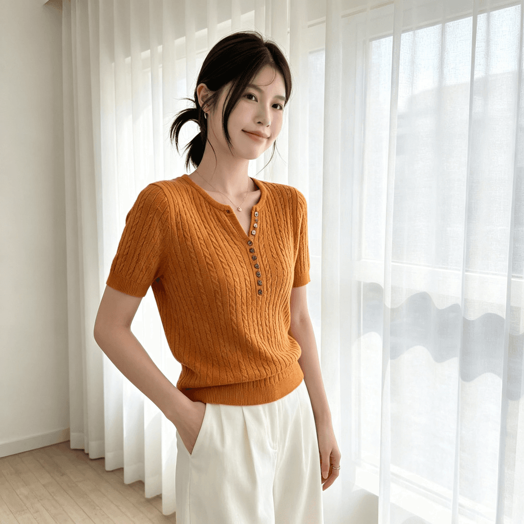 2026 여름 새로운 헨리 칼라 꽈배기 니트 스웨터 여성용 짧은 소매 몸매 가꾸기 슬림해 보이는 다용도 한 바람 품격 맨위 상세 이미지 2