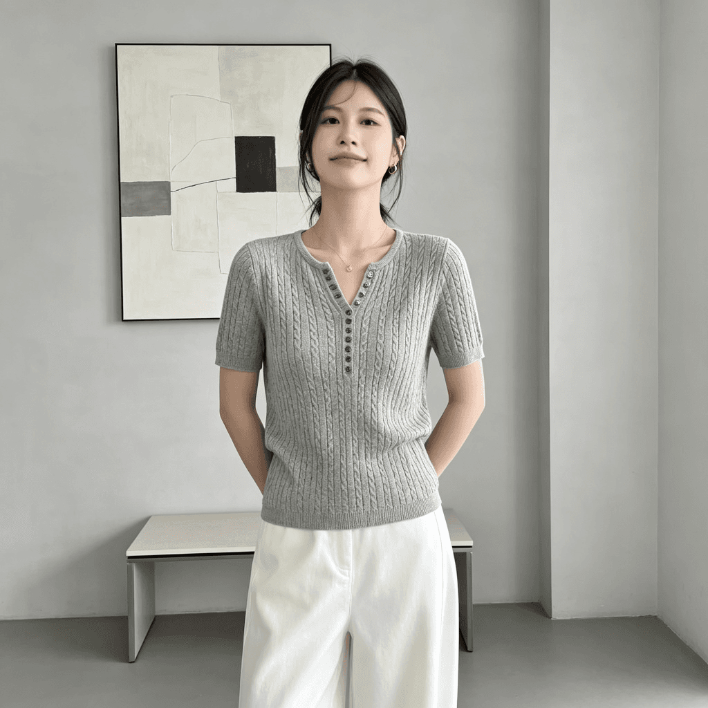 2026 여름 새로운 헨리 칼라 꽈배기 니트 스웨터 여성용 짧은 소매 몸매 가꾸기 슬림해 보이는 다용도 한 바람 품격 맨위 상세 이미지 4